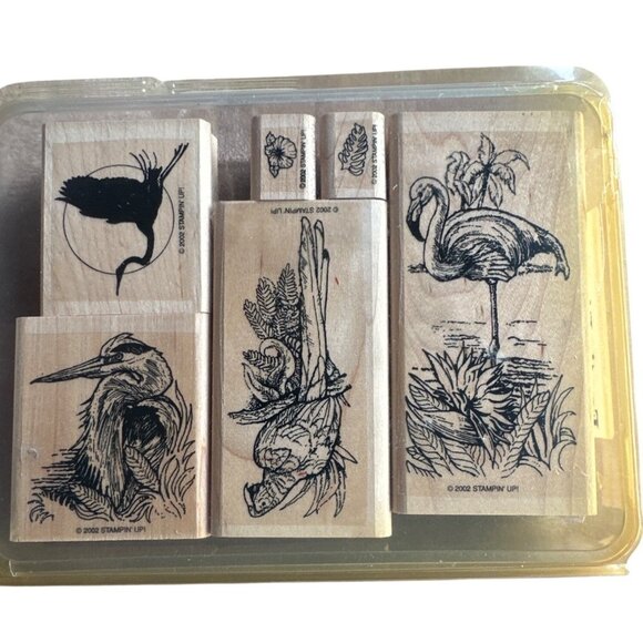 Stampin' Up! Exotic Birds sketched flamingo, hero, and parrot Wood Mounted Stamp - Picture 1 of 3